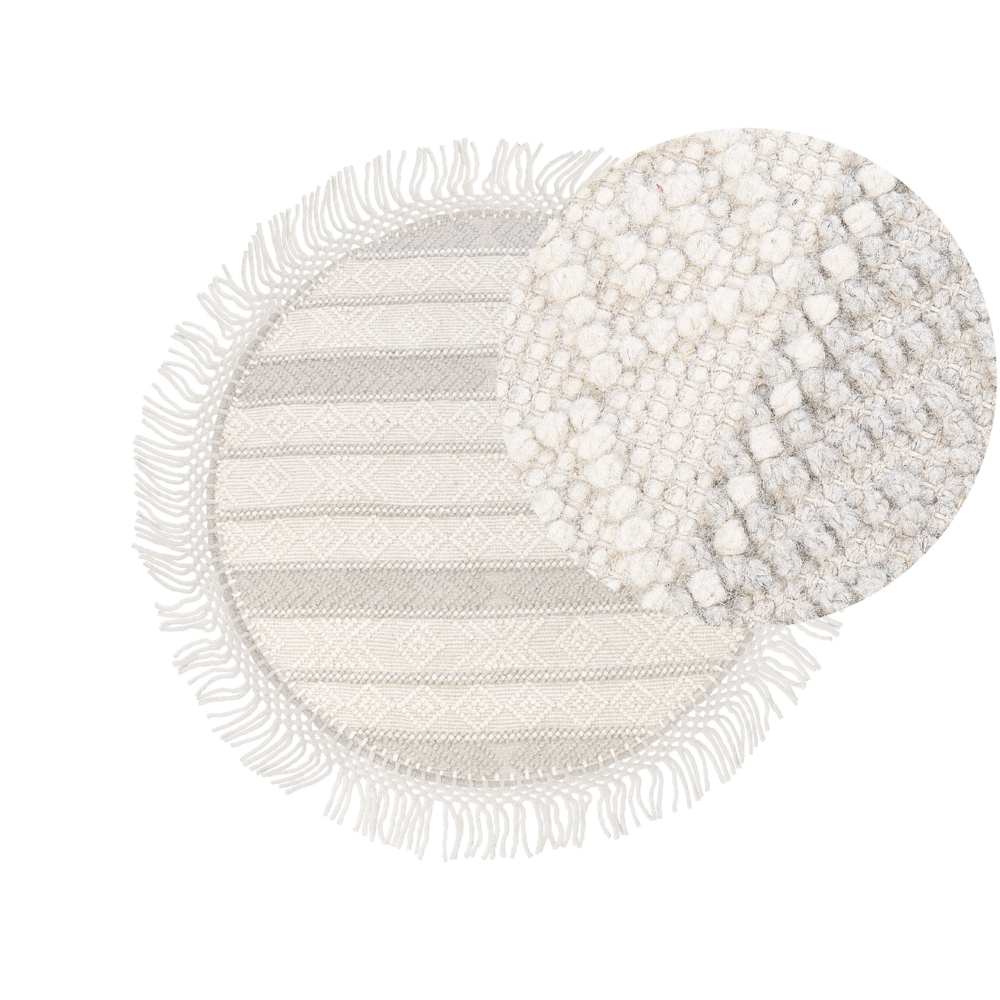 foto del prodotto tappeto beige lana poliestere 140 cm tessuto a mano a trama piatta con frange motivo geometrico