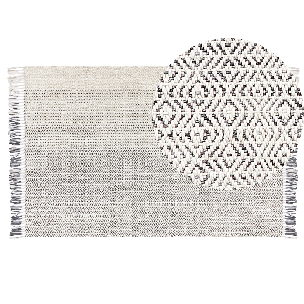 foto del prodotto tappeto bianco e grigio lana cotone 140x200 cm tessuto a mano a trama piatta con nappe