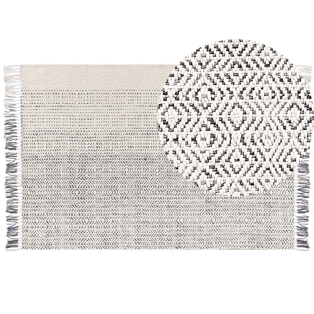 foto del prodotto tappeto bianco e grigio lana cotone tappeto bianco e grigio lana cotone 160 x 230 cm tessuto a mano a trama piatta con nappe tessuto a mano a trama piatta con nappe