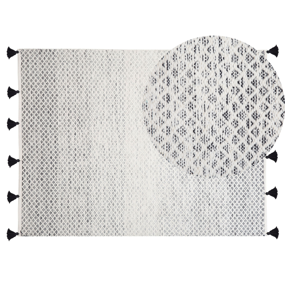 foto del prodotto tappeto bianco e nero in misto lana e cotone 140 x 200 cm a trama piatta intrecciata a mano con nappe