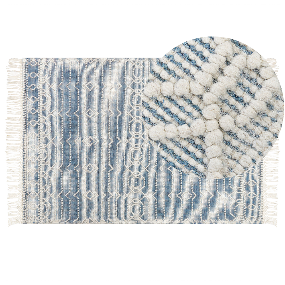 foto del prodotto tappeto blu in lana e cotone 160 x 230 cm tessuto a mano a trama piatta con frange e motivo geometrico
