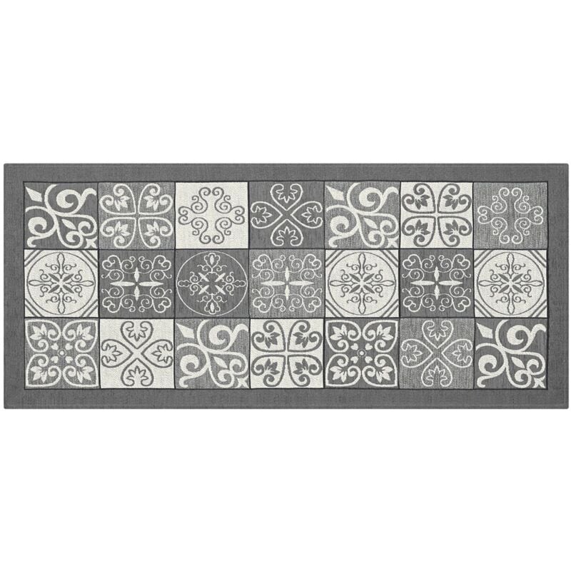 foto del prodotto tappeto cucina antiscivolo lavabile, passatoia cucina misura 55x140 cm, tappeto cucina made in italy con disegno maiolica grigio, tappeto runner