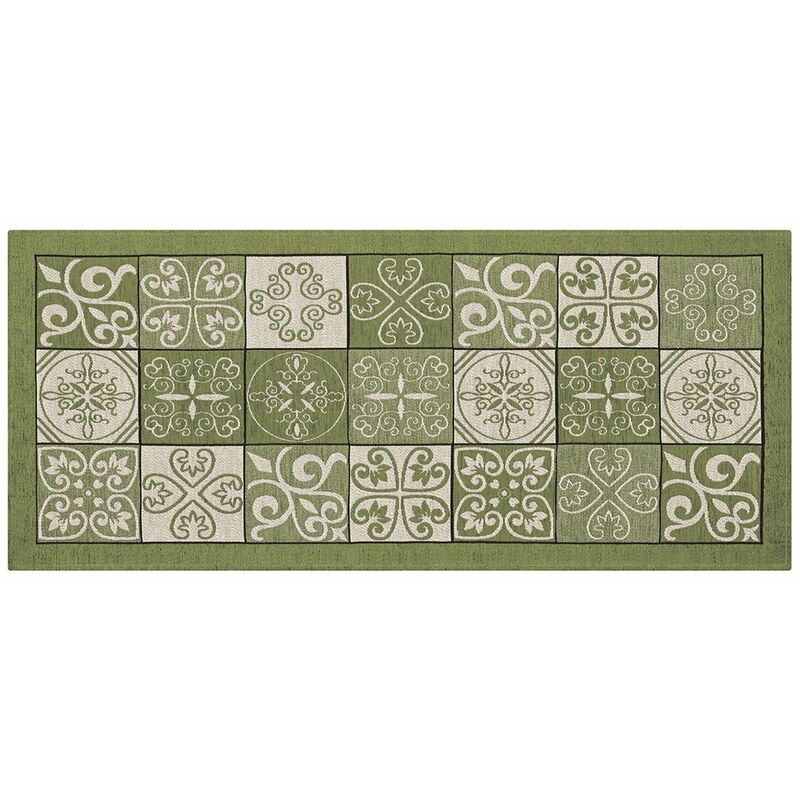 foto del prodotto tappeto cucina antiscivolo lavabile, passatoia cucina misura 55x140 cm, tappeto cucina made in italy con disegno maiolica verde, tappeto runner