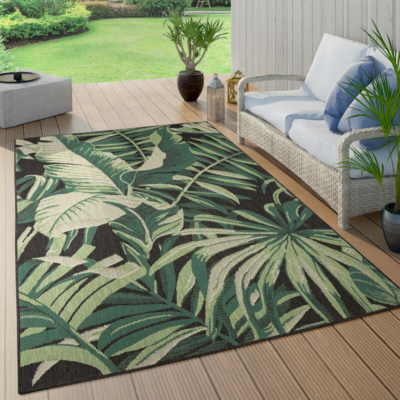 foto del prodotto tappeto cucina da esterno salotto balcone palme giungla floreale boho verde 120 cm tondo, nero 5 paco home