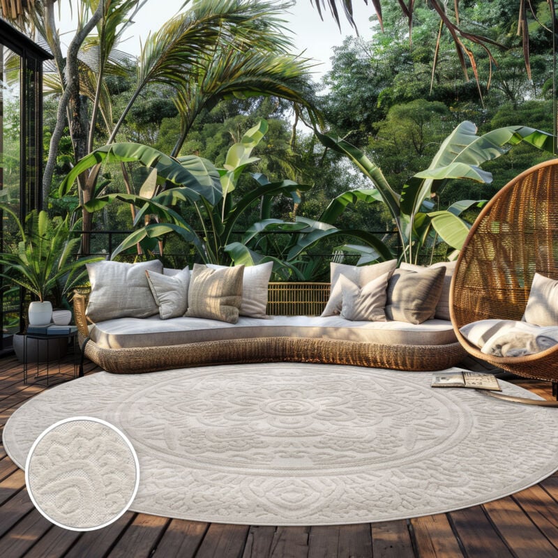 foto del prodotto tappeto cucina da esterno salotto moderno balcone scandinavo boho monocolore 160 cm tondo, crema 3 paco home