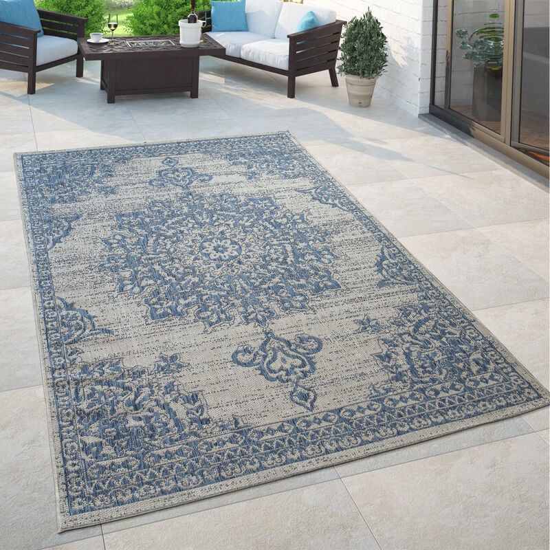 foto del prodotto tappeto da esterno in blu e beige con design orientale e motivo floreale, per il balcone e il soggiorno 80x150 cm paco home