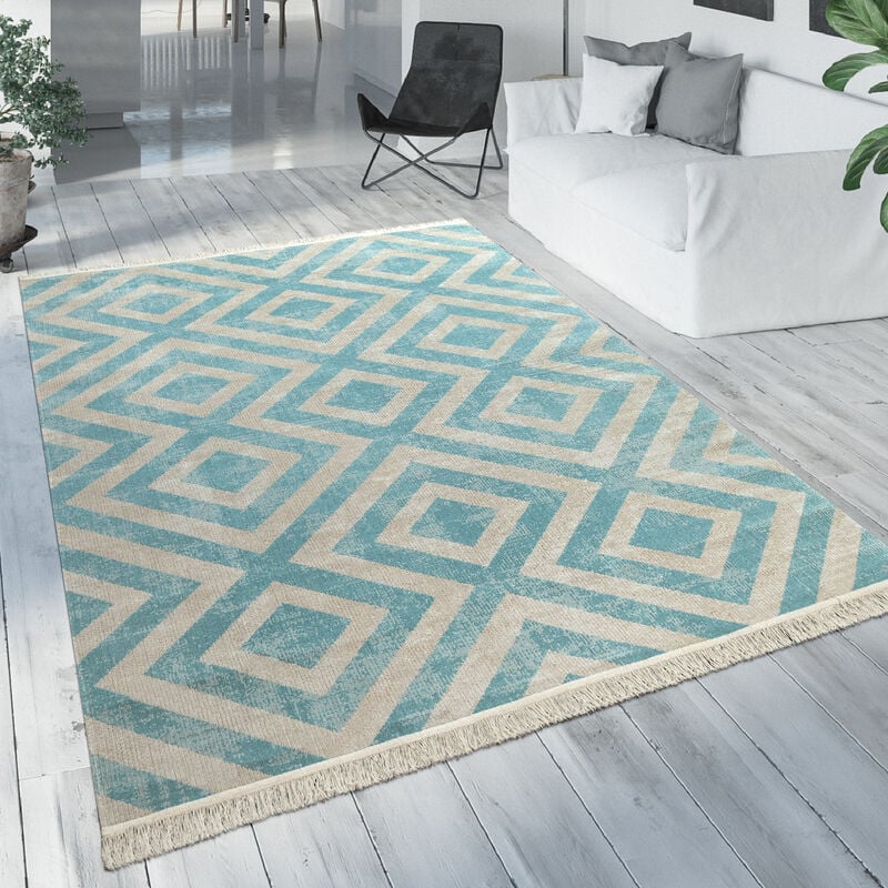 foto del prodotto tappeto da esterno in blu e bianco per balcone e terrazza con motivo a rombi e design scandinavo 200x280 cm paco home