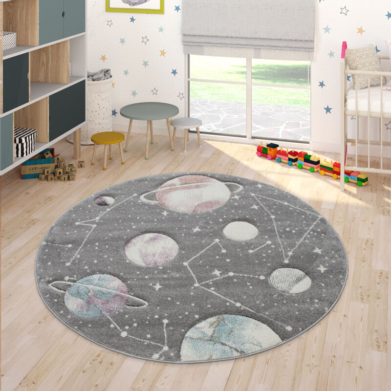 foto del prodotto tappeto da gioco con stelle e pianeti per la cameretta dei bambini in grigio 120 cm tondo paco home