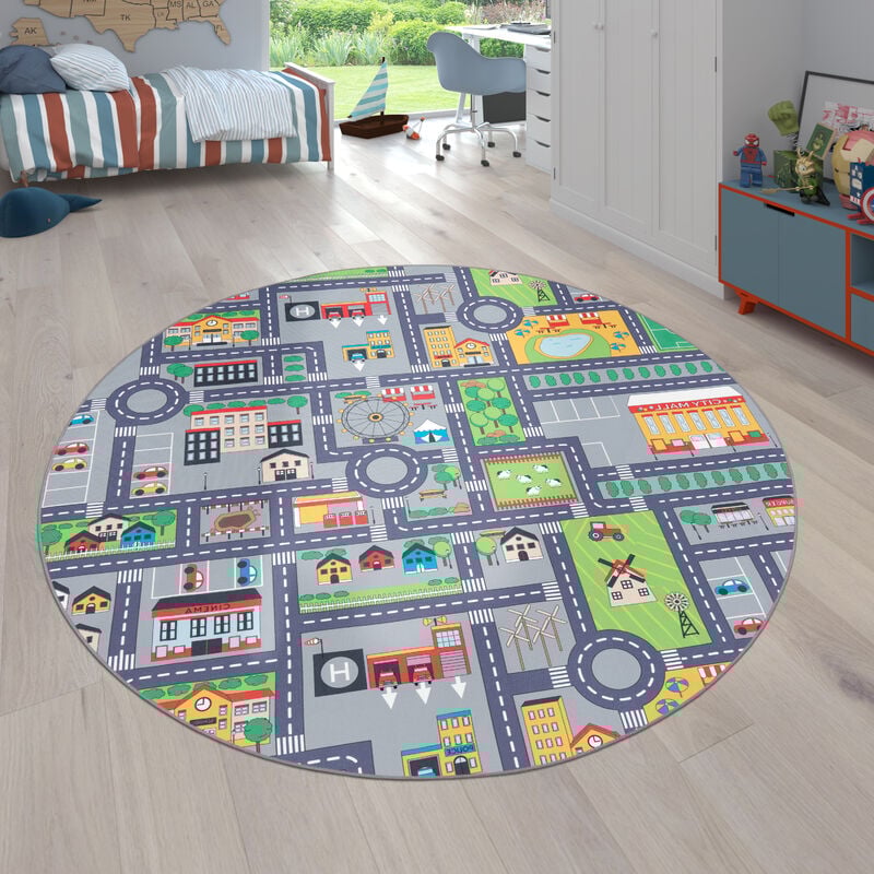 foto del prodotto tappeto da gioco per la camera dei bambini, grigio, con strade, ragazze, ragazzi 160 cm tondo, grigio 3 paco home