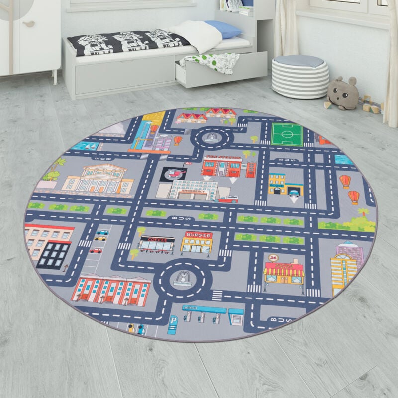 foto del prodotto tappeto da gioco per la camera dei bambini, motivo con strade e auto, grigio 160 cm tondo paco home