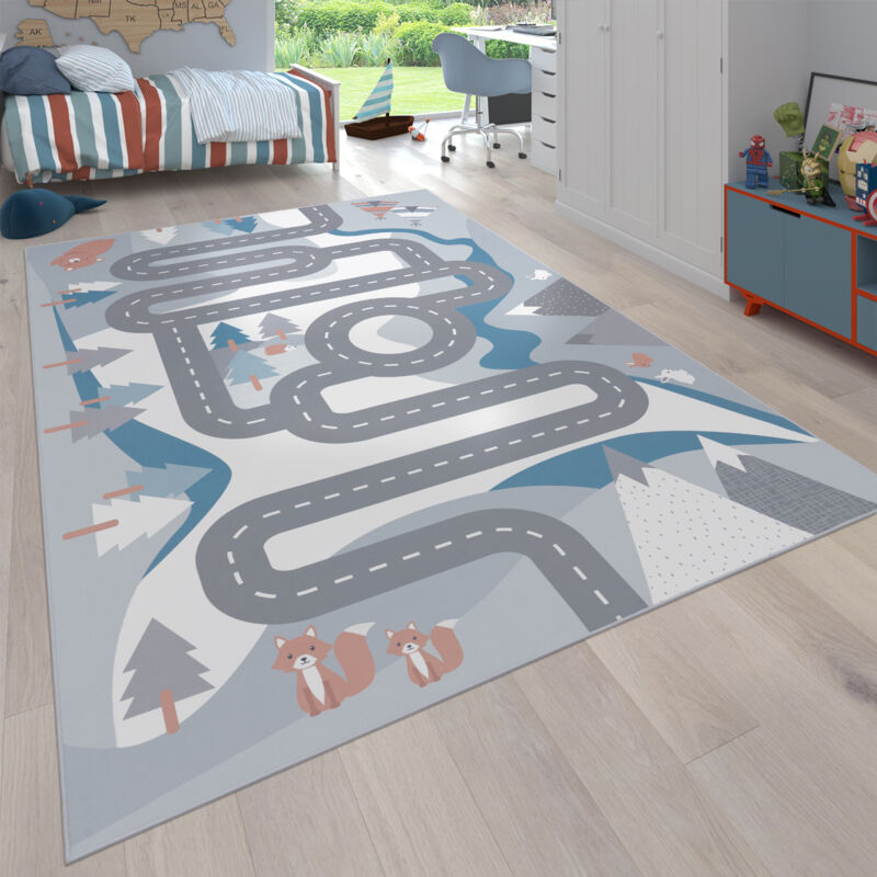 foto del prodotto tappeto da gioco per la cameretta dei bambini con motivo di strade e animali, color crema 140x200 cm paco home