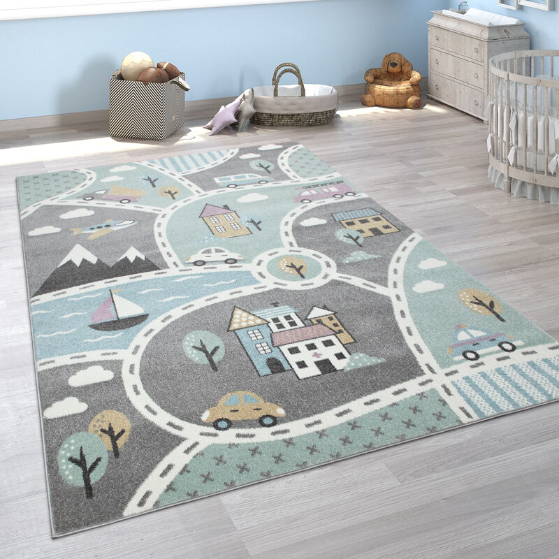 foto del prodotto tappeto da gioco per la cameretta dei bambini con motivo di strade in verde e grigio 120 cm tondo paco home