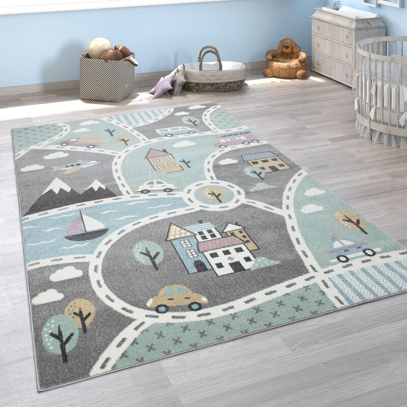 foto del prodotto tappeto da gioco per la cameretta dei bambini con motivo di strade in verde e grigio 120x170 cm paco home