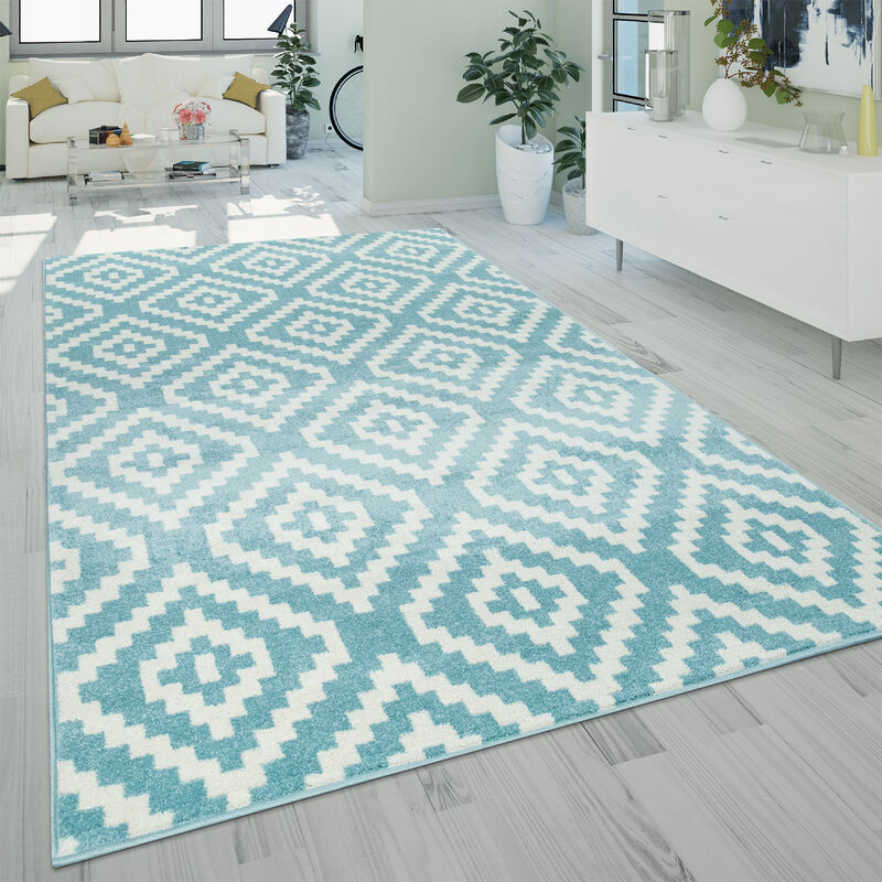 foto del prodotto tappeto da soggiorno a pelo corto con moderno motivo geometrico a rombi in blu pastello 120x170 cm paco home
