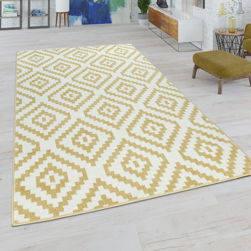foto del prodotto tappeto da soggiorno con motivo a rombi in colori pastello, look moderno etnico boho 70x140 cm, giallo bianco paco home
