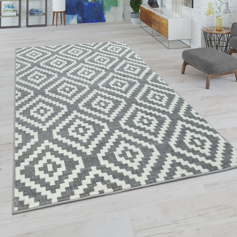 foto del prodotto tappeto da soggiorno con motivo a rombi in colori pastello, look moderno etnico boho 70x140 cm, grigio bianco paco home