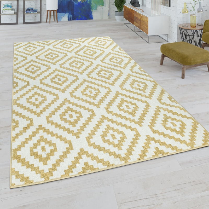 foto del prodotto tappeto da soggiorno con motivo a rombi in colori pastello, look moderno etnico boho 70x250 cm, giallo bianco paco home