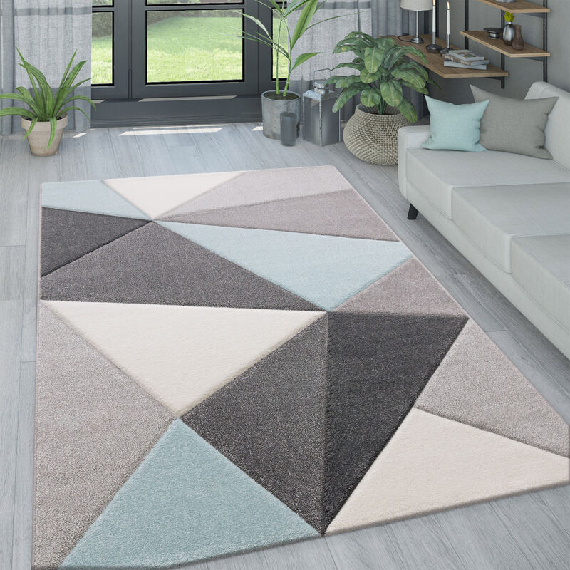 foto del prodotto tappeto da soggiorno in colori pastello, con moderni rombi, triangoli e motivi a zig zag. 200x290 cm, turchese paco home