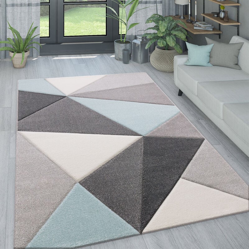 foto del prodotto tappeto da soggiorno in colori pastello, con moderni rombi, triangoli e motivi a zig zag. 60x110 cm, turchese paco home