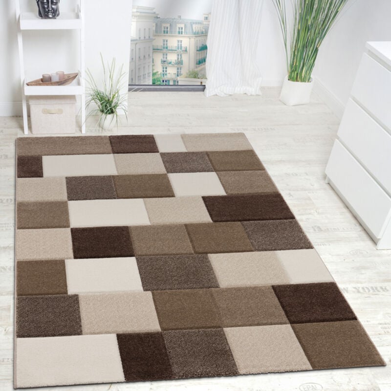 foto del prodotto tappeto design moderno a quadri lavorato a mano con bordo marrone beige crema 120x170 cm paco home