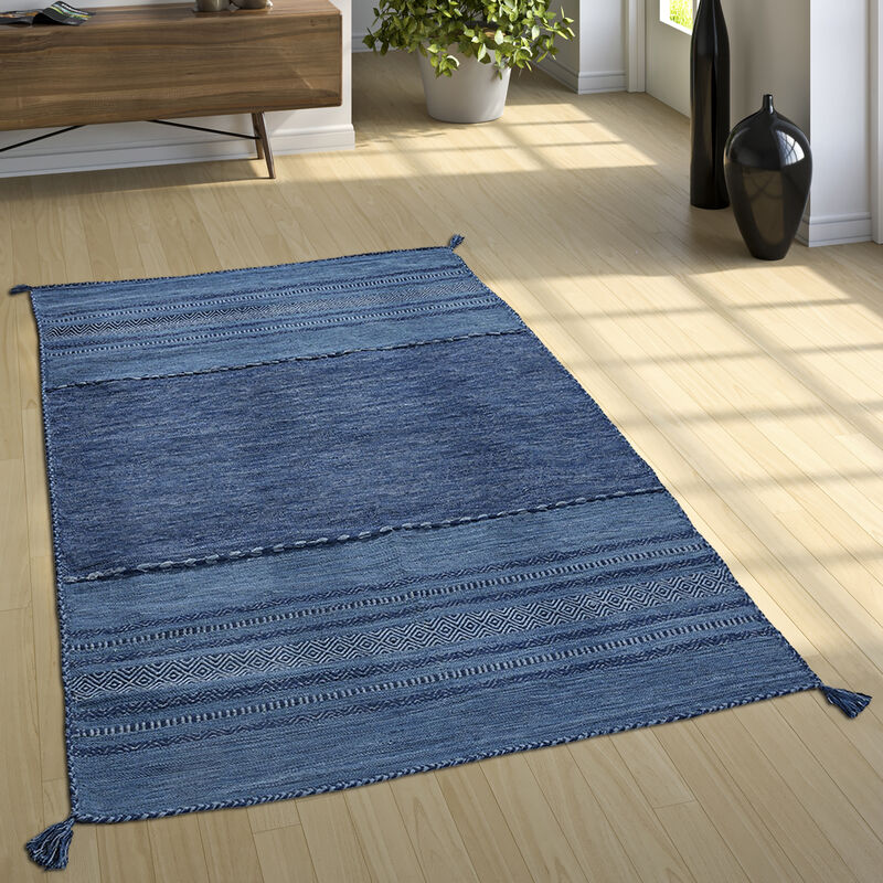 foto del prodotto tappeto design tessuto kelim lavorato a mano 100 cotone moderno fantasia blu 120x170 cm paco home