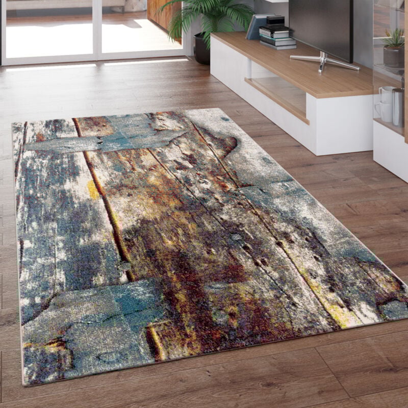 foto del prodotto tappeto di design colorato effetto legno alto e basso rilievo in turchese giallo m lange 200x290 cm paco home