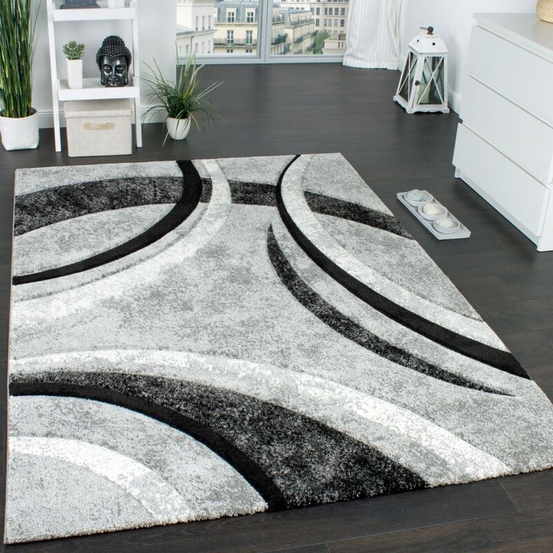 foto del prodotto tappeto di design con bordo definito a righe in grigio nero crema screziato 160x230 cm paco home