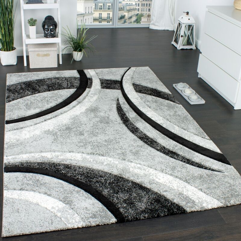 foto del prodotto tappeto di design con bordo definito a righe in grigio nero crema screziato 80x150 cm paco home