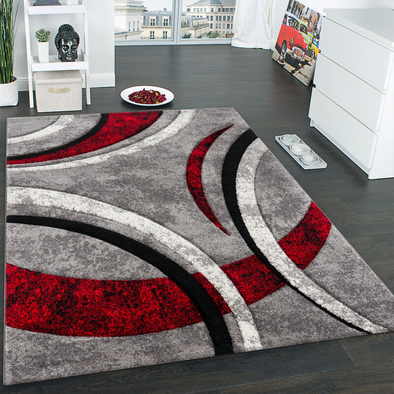 foto del prodotto tappeto di design con bordo definito motivo a righe grigio nero rosso screziato 60x110 cm paco home