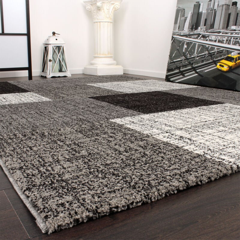 foto del prodotto tappeto di design moderno a quadri miscela grigiore marrone crema 80x150 cm paco home