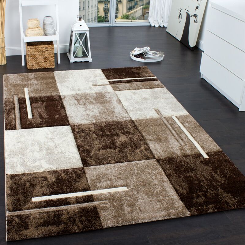 foto del prodotto tappeto di design moderno orlo a quadri effetto marmo marrone crema beige 60x110 cm paco home