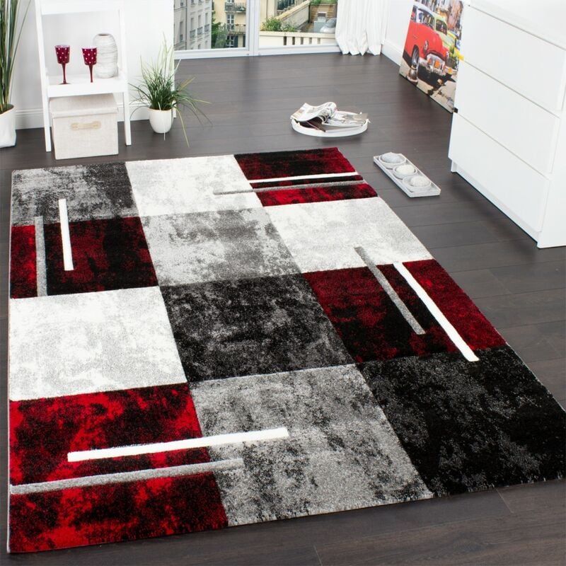 foto del prodotto tappeto di design moderno orlo a quadri effetto marmo rosso grigio crema nero 60x110 cm paco home