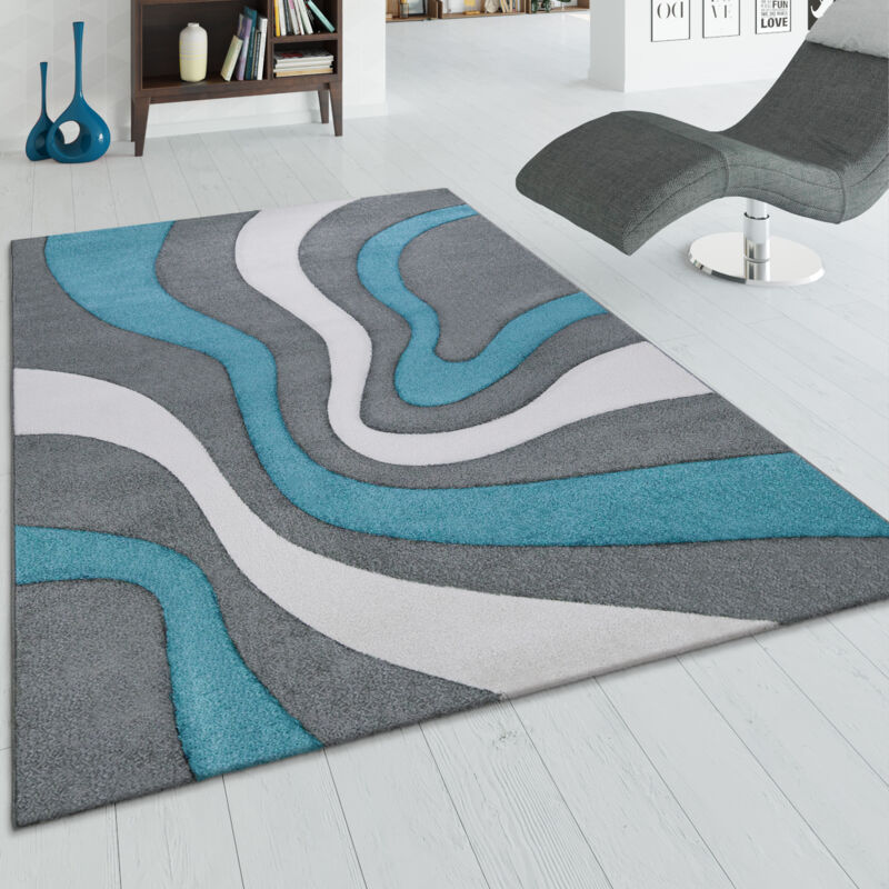 foto del prodotto tappeto di design motivo ondulato orlo lavorato a mano colori grigio turchese bianco 80x150 cm paco home