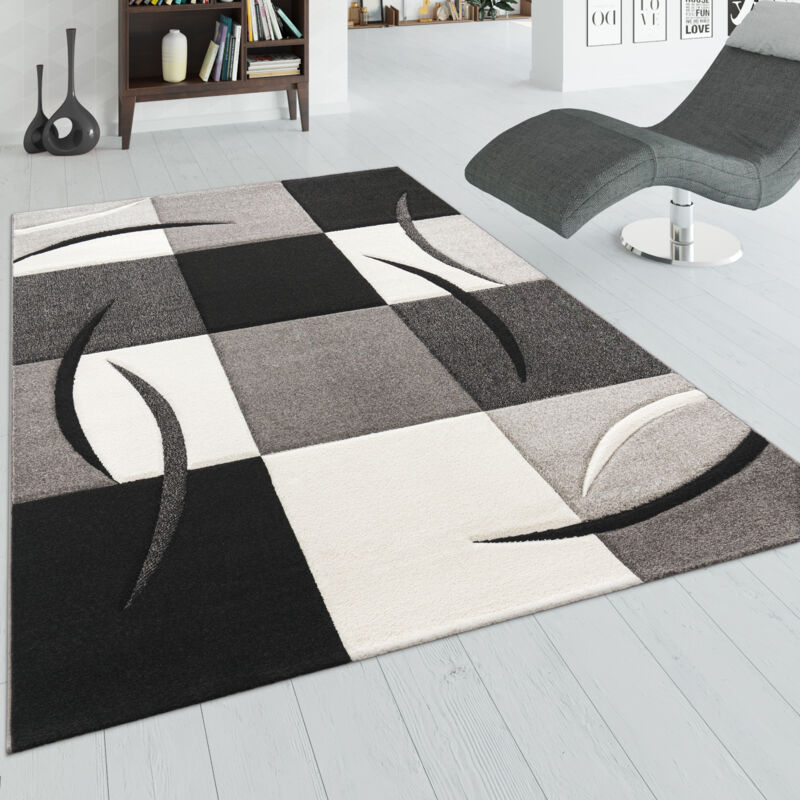 foto del prodotto tappeto di design orlo modello a quadri nei colori bianco nero grigio 60x110 cm paco home