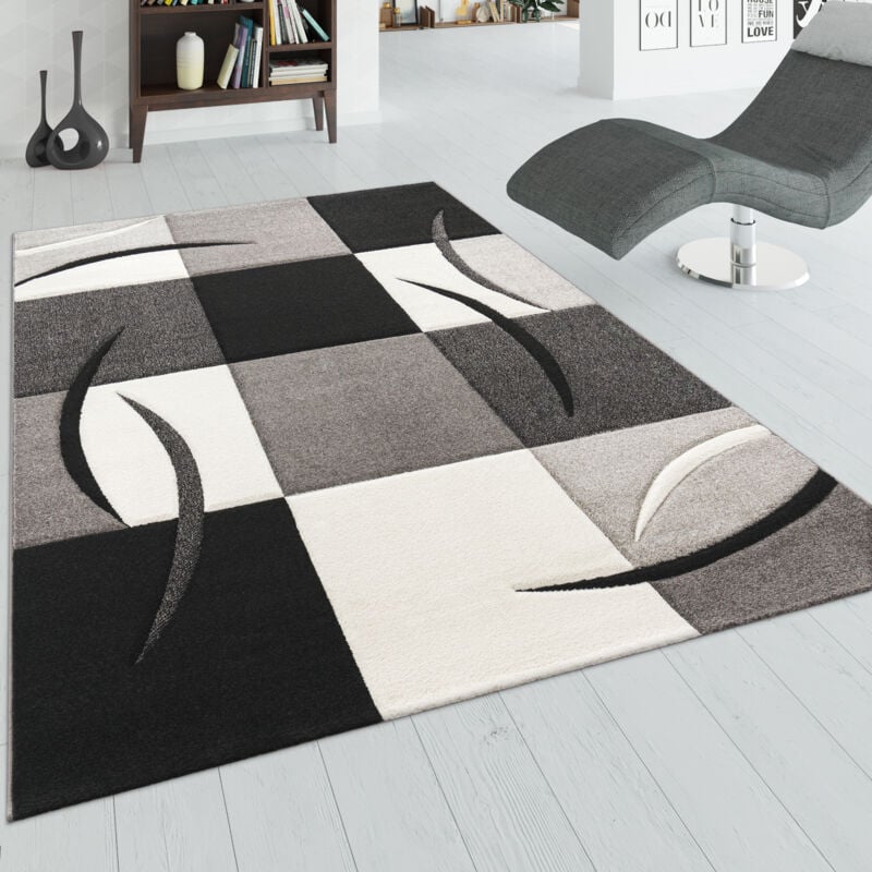 foto del prodotto tappeto di design orlo modello a quadri nei colori bianco nero grigio 80x150 cm - paco home