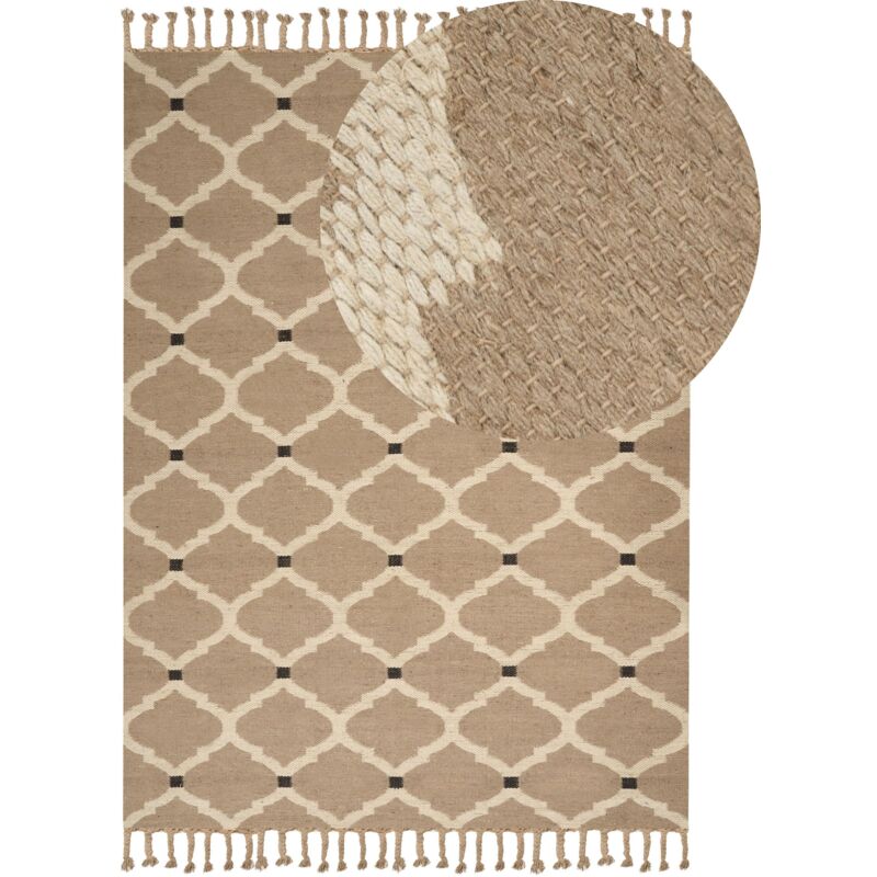 foto del prodotto tappeto di juta intrecciata in cotone naturale beige con nappe a motivo geometrico 200 x 300 cm orencik
