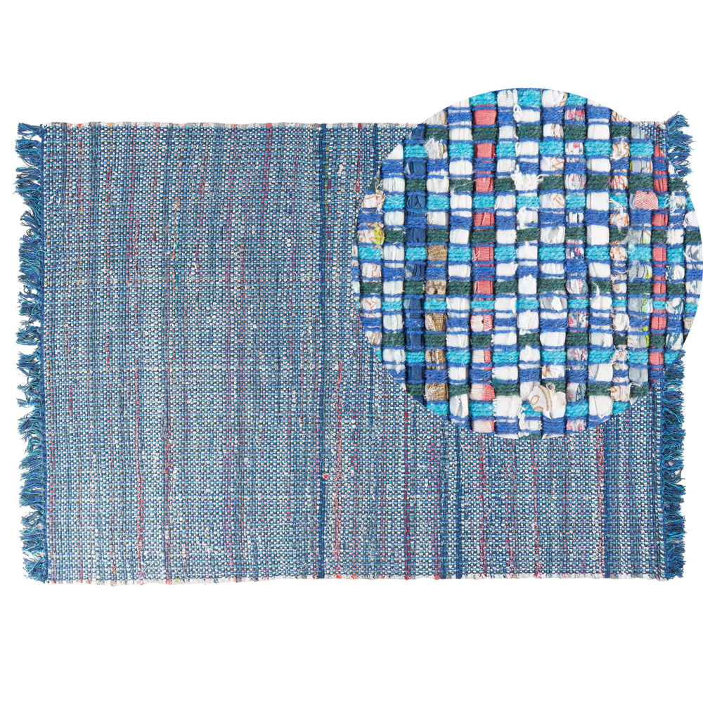 foto del prodotto tappeto di pezza cotone blu 140 x 200 cm rettangolare fatto a mano boho eclettico