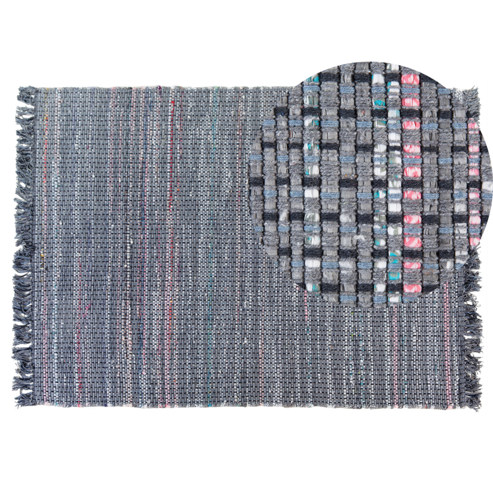 foto del prodotto tappeto di pezza in cotone grigio 140 x 200 cm con frangia rettangolare fatto a mano boho