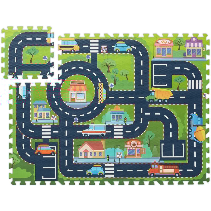 foto del prodotto tappeto gioco bambini, puzzle 12 tasselli con auto e strada, 114 x 86 cm, tappetino per gattonare, colorato relaxdays