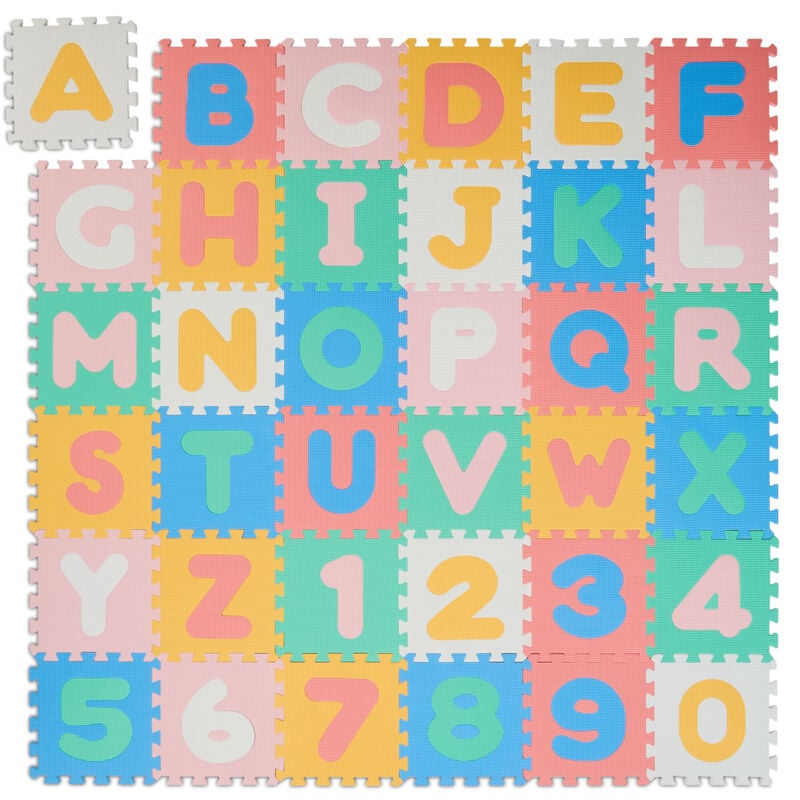 foto del prodotto tappeto gioco bambini, puzzle 36 tappetini lettere abc e numeri, gattonare, 171x171 cm, senza bpa, colorato relaxdays