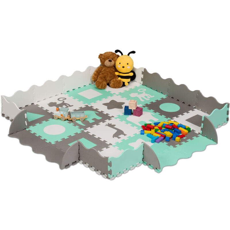 foto del prodotto tappeto gioco bambini, puzzle 4x4 tasselli con animali, tappetino per gattonare, tappetone con bordi, colorato relaxdays