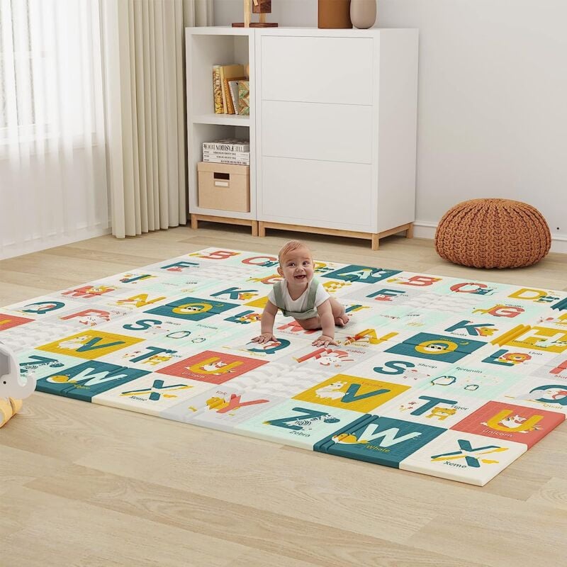 foto del prodotto tappeto gioco reversibile per bambini 200x180 cm, tappeto gioco pieghevole impermeabile bifacciale per bambini, materiale xpe, alfabeto barca a vela