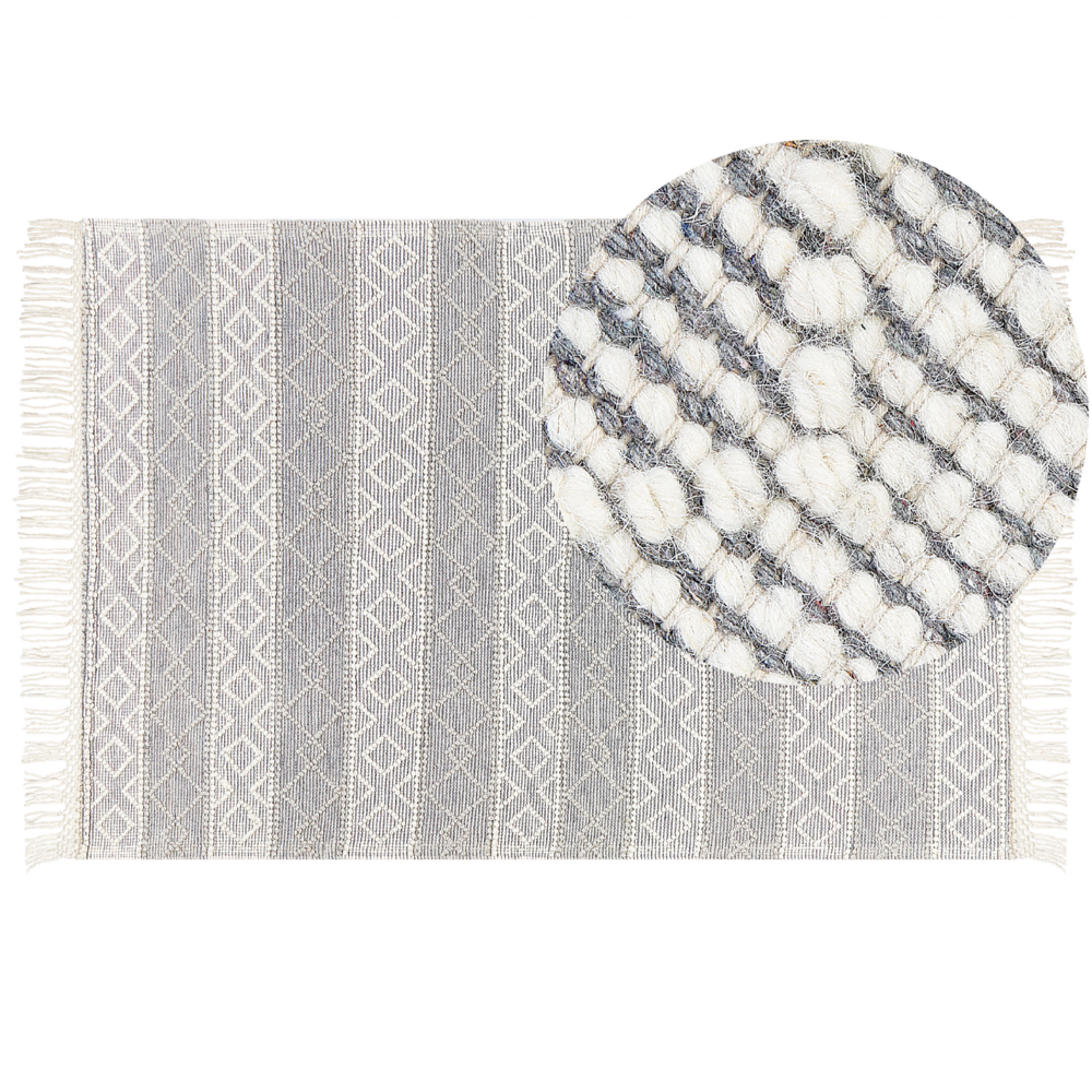 foto del prodotto tappeto grigio e bianco in lana e cotone 160 x 230 cm tessuto a mano a trama piatta con frange e motivo geometrico