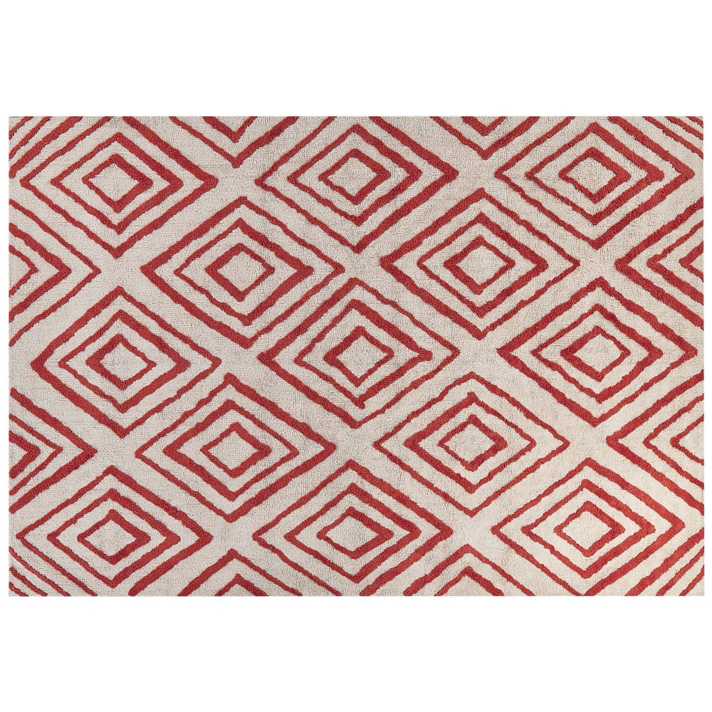 foto del prodotto tappeto in cotone bianco e rosso motivo a geometrico 160 x 230 cm camera da letto soggiorno ingresso