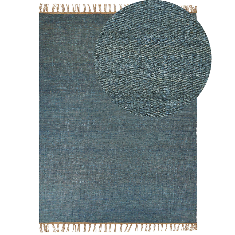 foto del prodotto tappeto in iuta blu 160 x 230 cm tessuto a mano con frange in stile boho per la sala della camera da letto