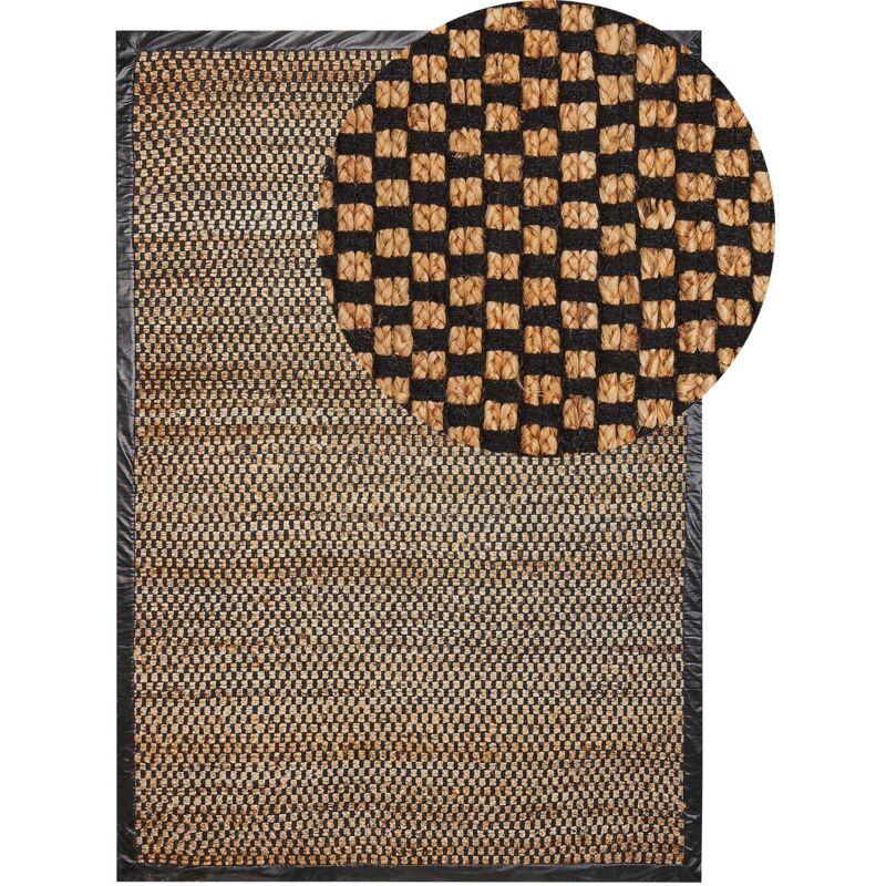 foto del prodotto tappeto in iuta e pelle rettangolare con motivo a scacchi intrecciato a mano nero e beige 140 x 200 cm gerce