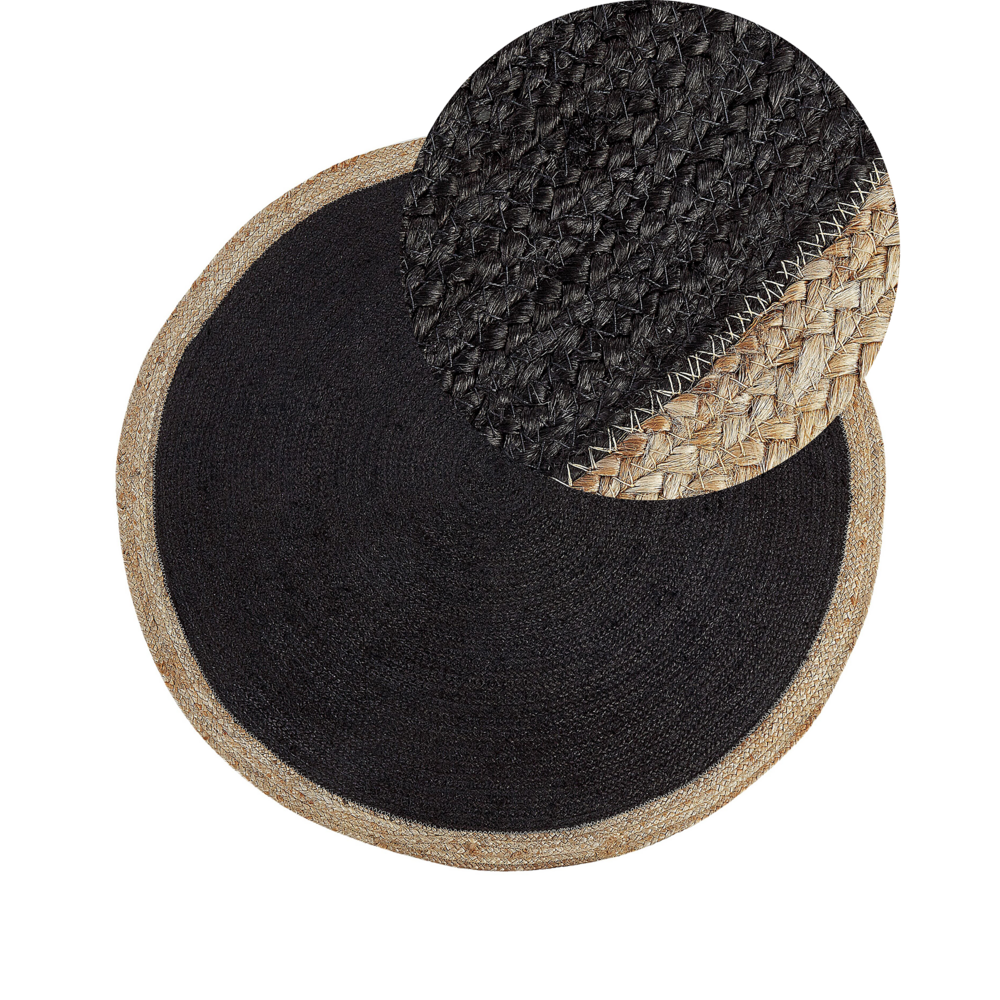 foto del prodotto tappeto in iuta rotondo di colore nero stile boho 120 cm soggiorno camera da letto