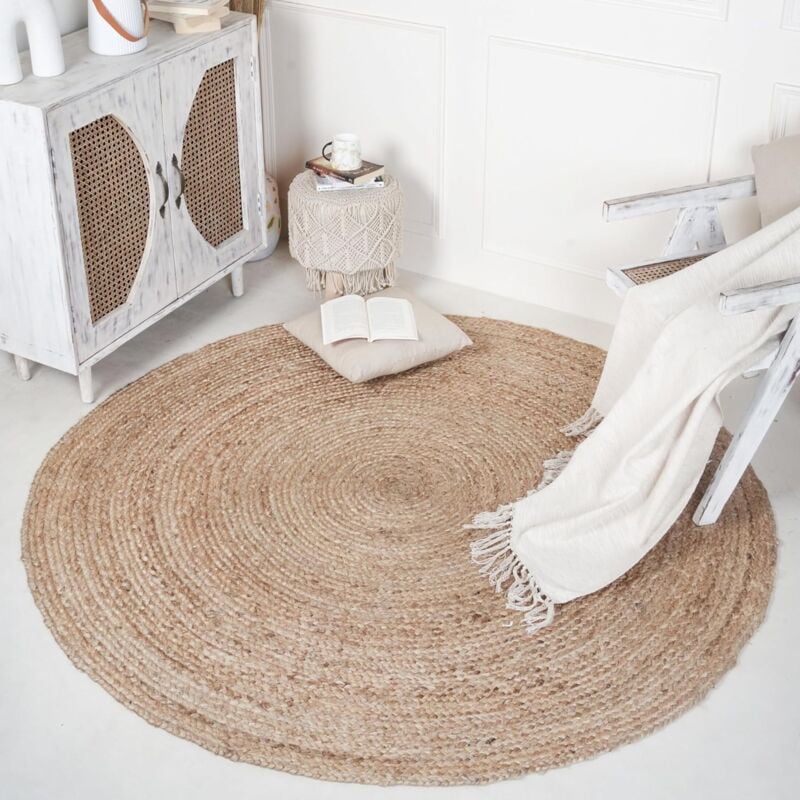 foto del prodotto tappeto in juta, tappeto salotto rotondo iuta intrecciato per decorazione di interni, camera da letto, tappeto 150cm