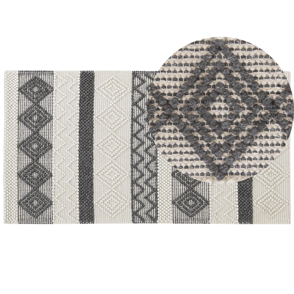 foto del prodotto tappeto in lana intrecciata a mano motivo geometrico 80 x 150 cm beige chiaro e grigio