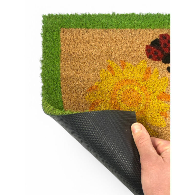 foto del prodotto tappeto ingresso esterno in cocco zerbino antiscivolo con coccinelle e girasoli 40x70 cm